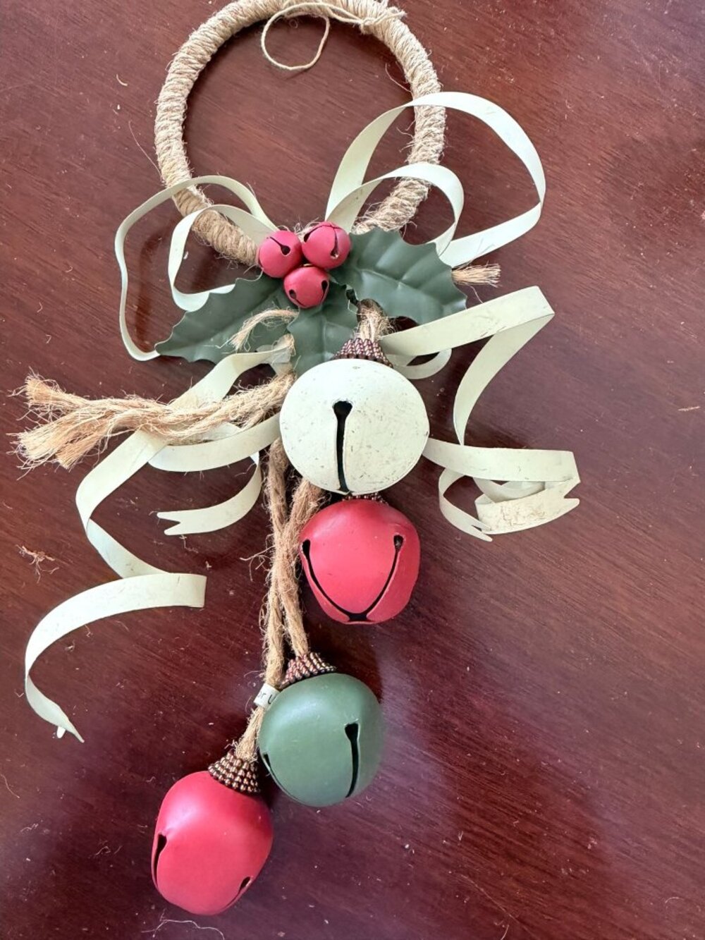 Rustic Jute Christmas Bell Ornament With Red & Green Bells Holly Leaves & Ribbon